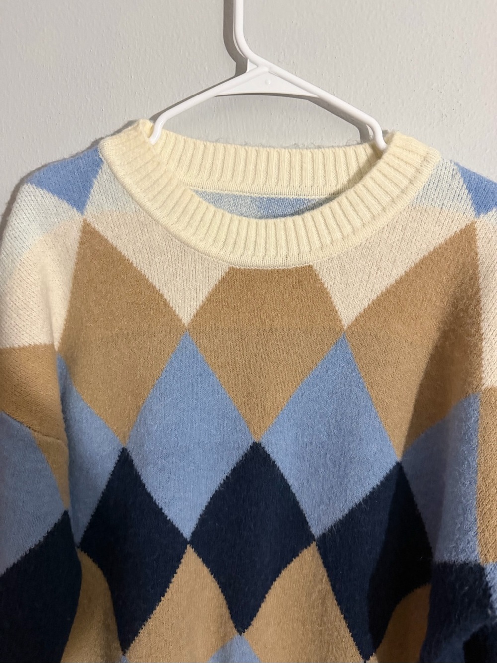 Men's Argyle Crewneck Sweater in Cream, Light Blue & Navy - Picture 2 of 9